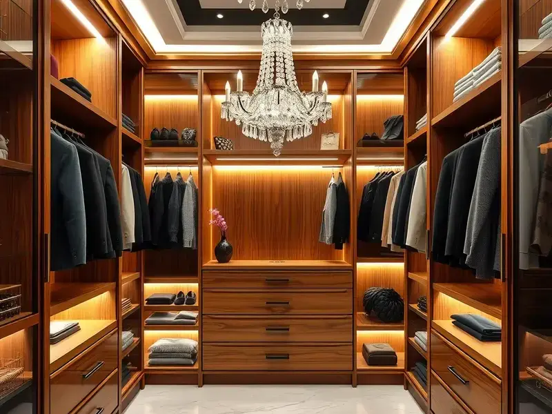 Luxurious custom walk-in closet with elegant shelving and lighting