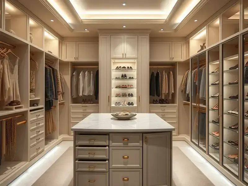 Elegant walk-in closet design with island